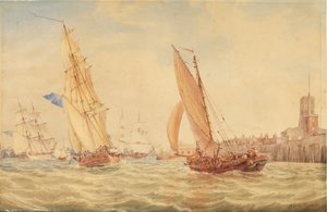 Drei Kriegsschaluppen und ein Fischkutter gehen in den Hafen, Portsmouth, ca. 1800-30